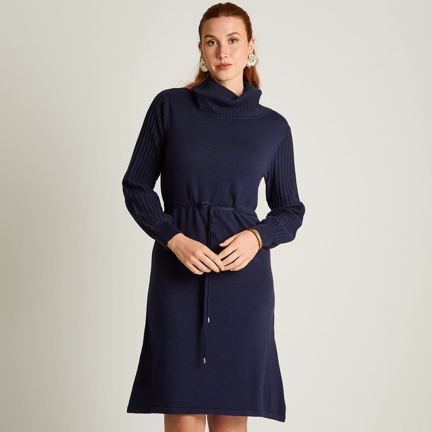 Vestido Midi Azul Midi Elasticidad Media Sin Forro Calce Normal Tela Tejido